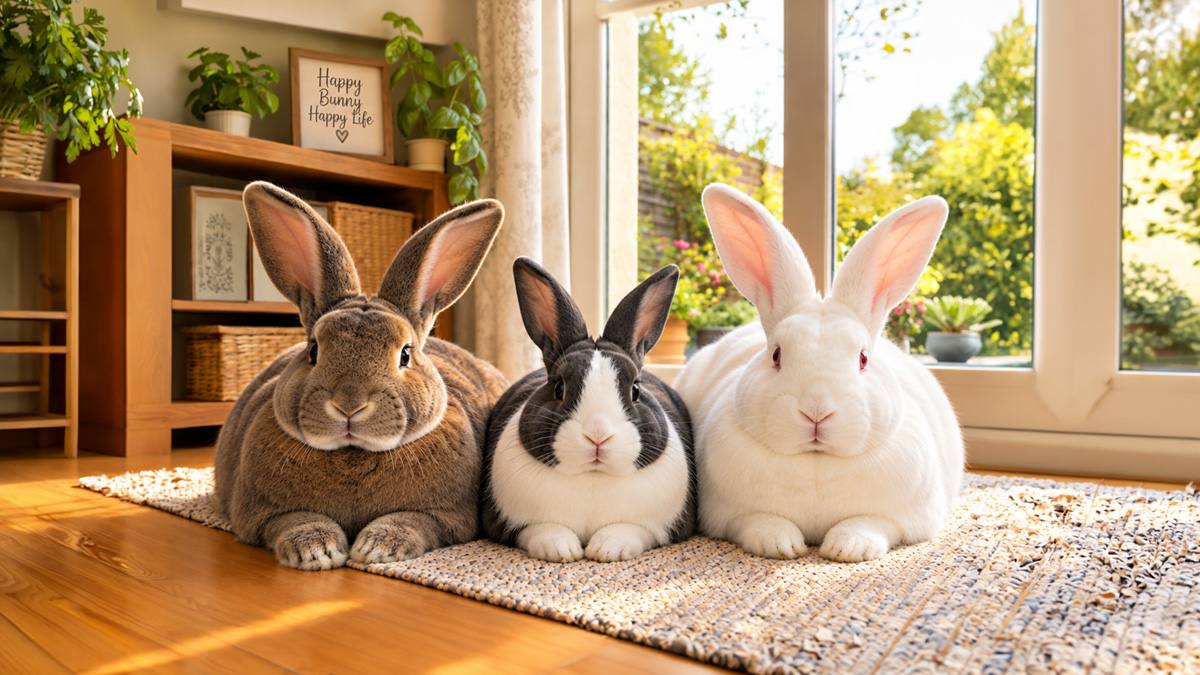 A Rex, a Dutch, and a New Zealand rabbit resting side by side on a rug