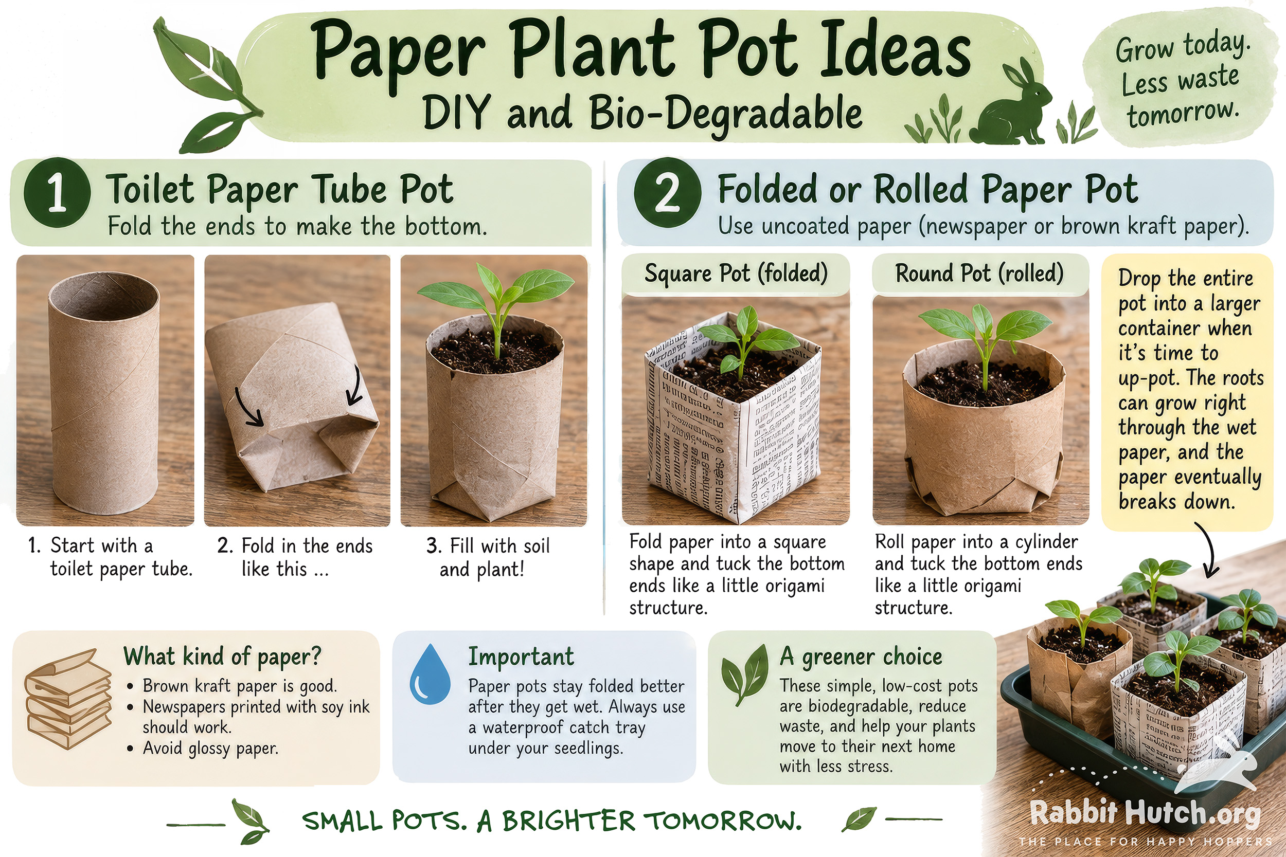 Diagram showing seedling pots made from folded toilet paper tubes and rolled or folded uncoated paper