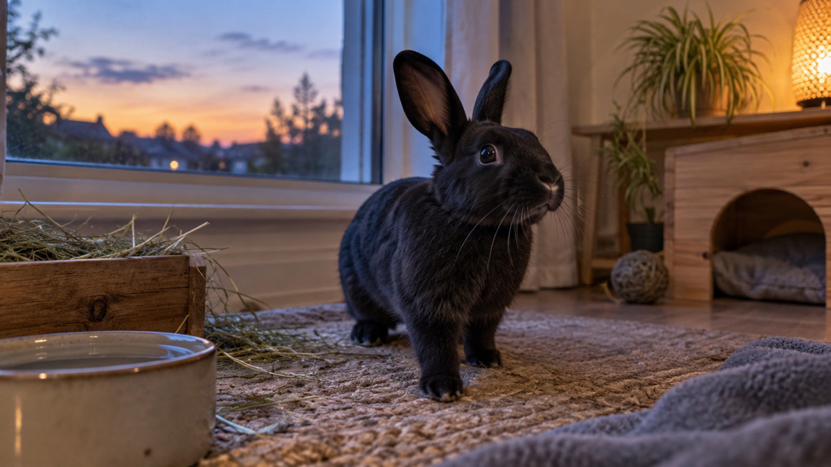 A black pet rabbit alert beside a window at dusk