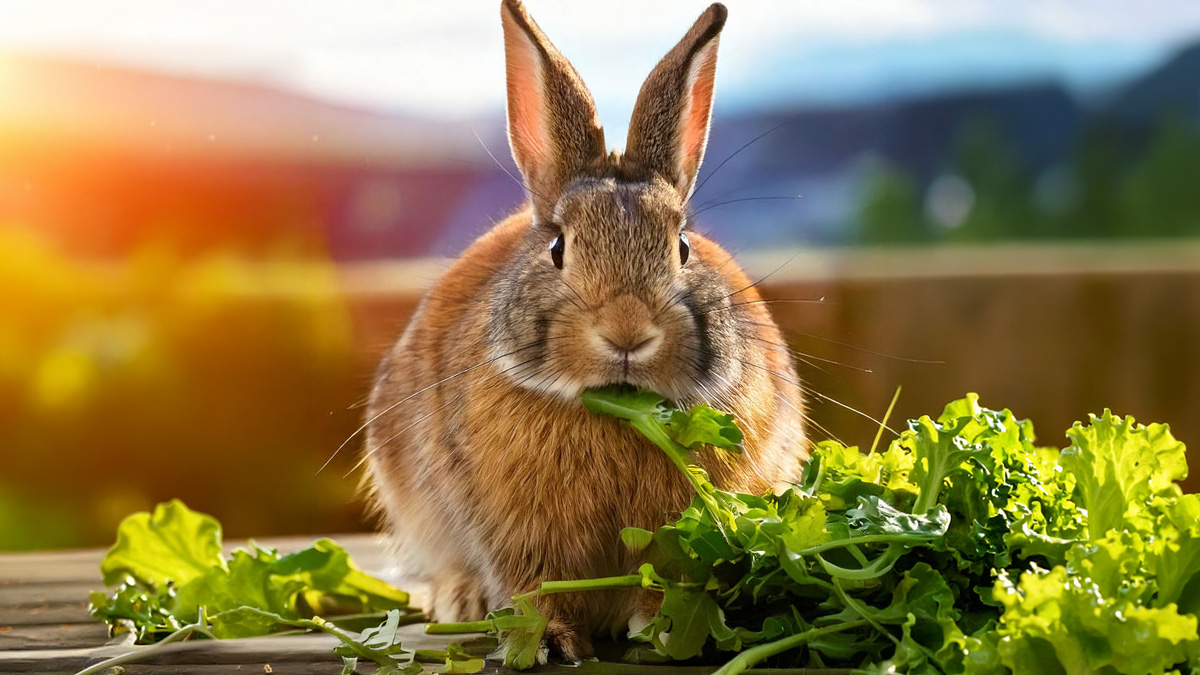 A brown rabbit outdoors on a wooden deck, chewing a leafy green stem from a pile of ruffled lettuce and kale