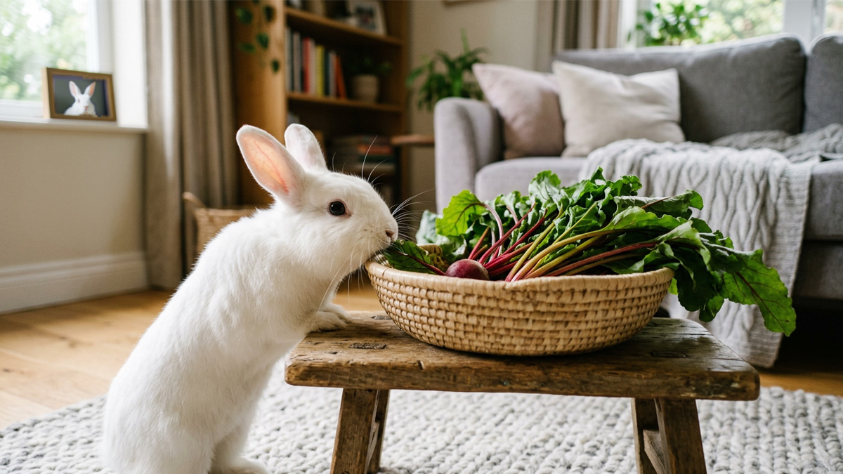 A white rabbit standing up against a small wooden stool to sniff a woven bowl of beet greens with red and gold stems
