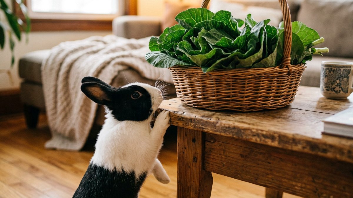 A black-and-white rabbit standing up against a wooden coffee table to sniff a wicker basket heaped with broad collard leaves