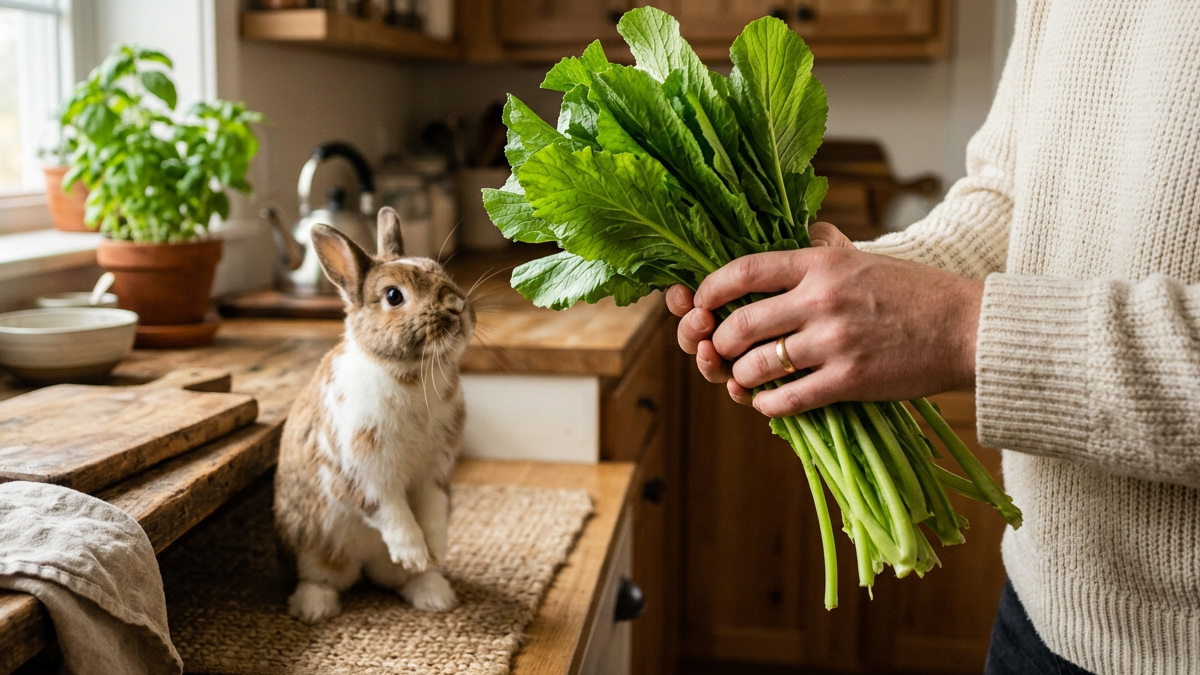 A brown-and-white rabbit sitting up on a kitchen counter, nose lifted toward a bunch of leafy mustard greens held in someone’s hand