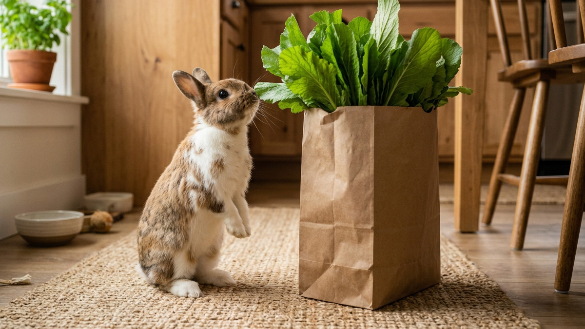 A brown-and-white rabbit sitting up on a kitchen rug to sniff the leafy tops poking out of a brown paper grocery bag