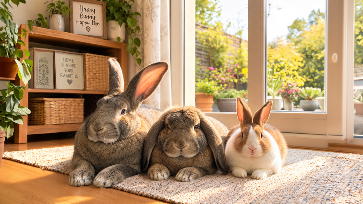 Three rabbit breeds resting together on a woven rug in a sunny room: a large gray Flemish Giant, a brown French Lop with long drooping ears, and a small white-and-tan Dutch rabbit