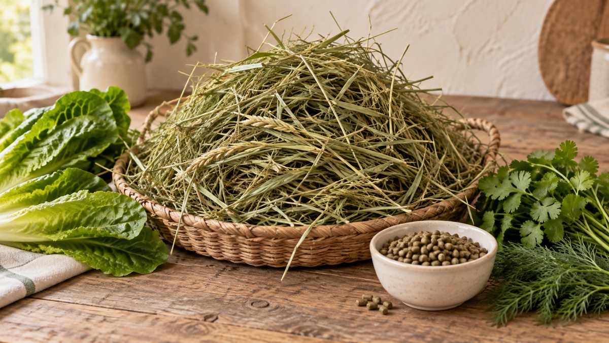 A generous basket of grass hay with romaine, cilantro, dill, and a small bowl of rabbit pellets