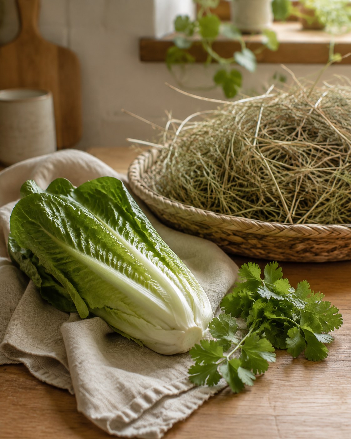 Romaine lettuce and cilantro beside a basket of grass hay on a wooden kitchen counter