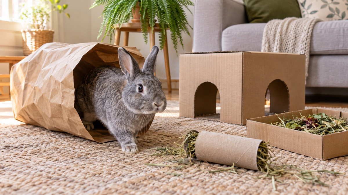 A gray rabbit exploring a paper bag, cardboard boxes, and hay enrichment