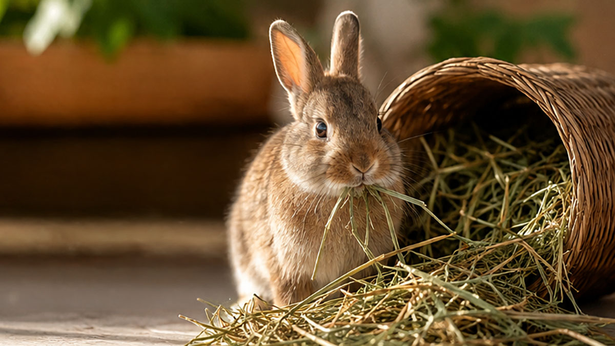 Several types of rabbit hay arranged in rustic bowls