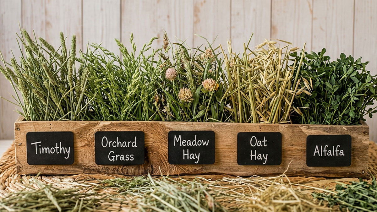 Five types of hay — timothy, orchard grass, meadow hay, oat hay, and alfalfa — arranged in separate wooden bowls, showing their distinct colors and textures
