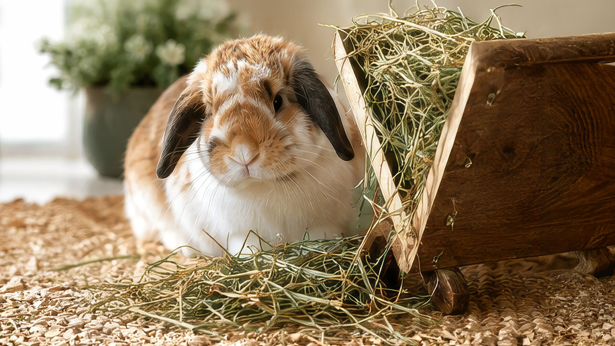 A lop-eared rabbit resting beside a wooden feeder filled with hay