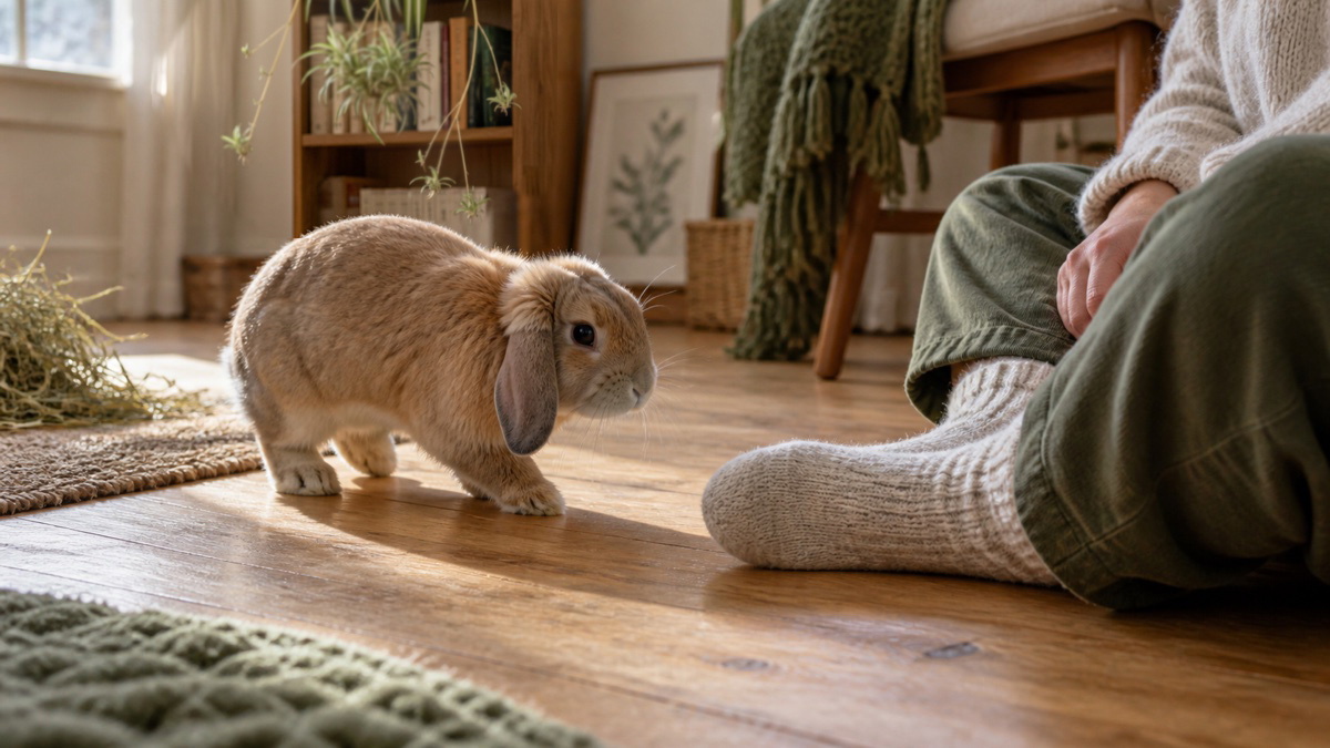 A tan lop rabbit choosing to approach a person sitting quietly on a wooden floor