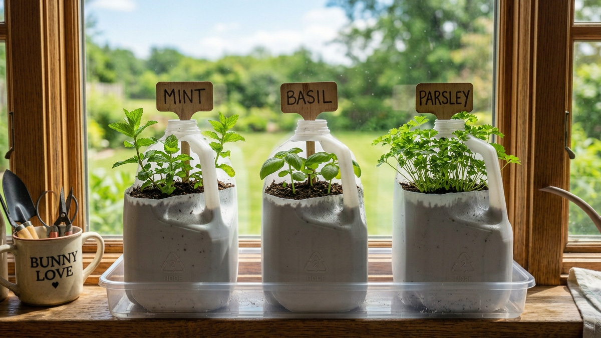 Mint, basil, and parsley growing in cut milk jugs on a windowsill tray