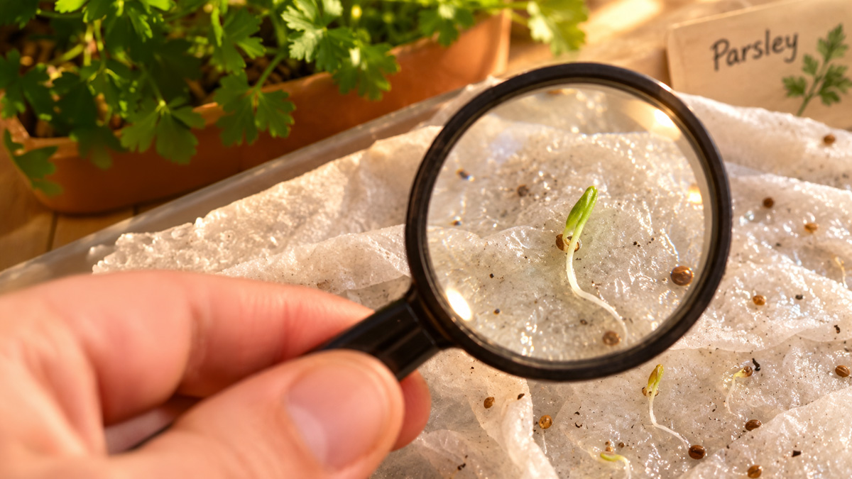 Magnifying glass over a parsley sprout with a white root and green shoot on a damp paper towel