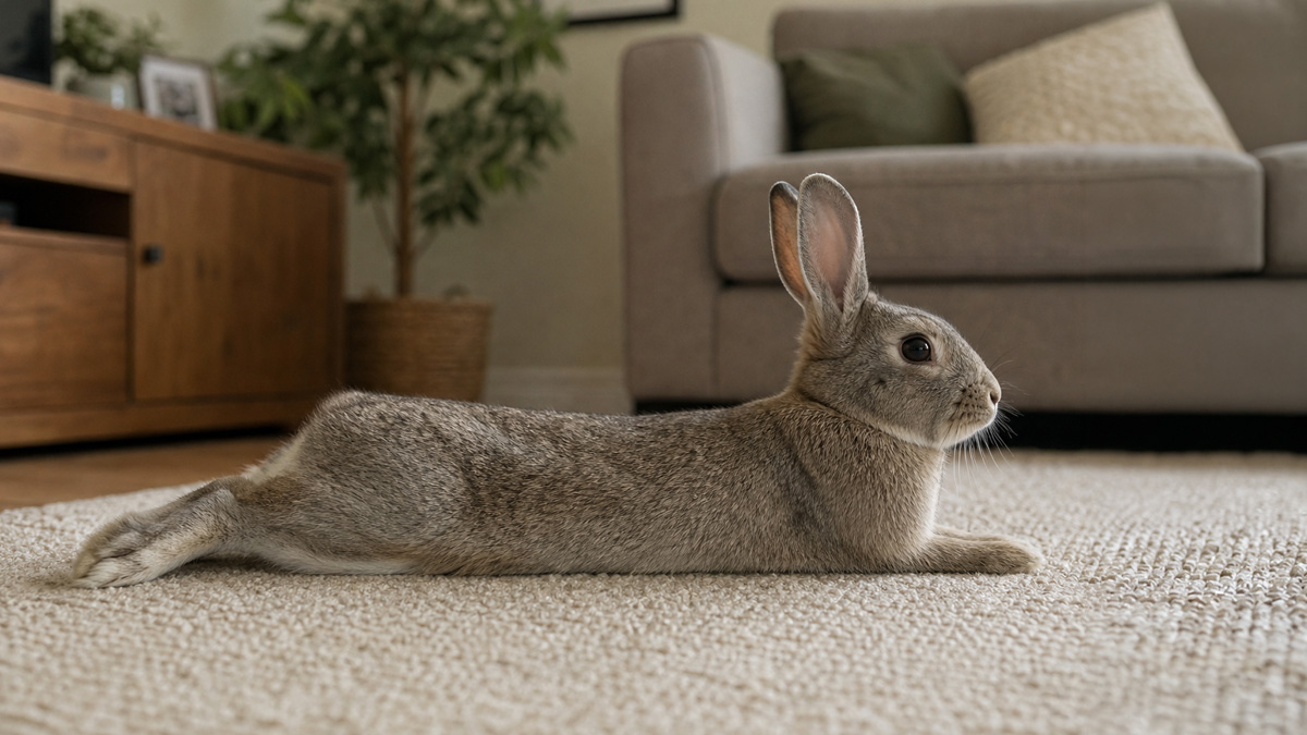 Side view of a rabbit resting on a rug with its body stretched long and its back legs extended behind it
