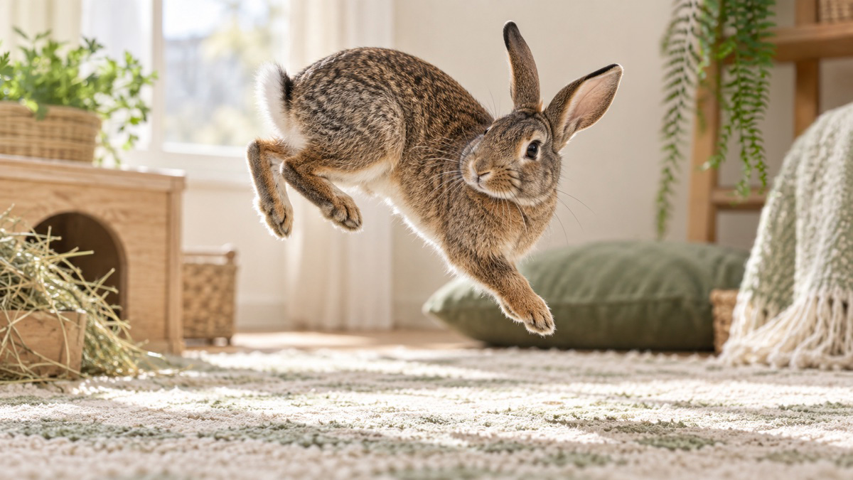 A joyful brown rabbit captured in a natural midair binky