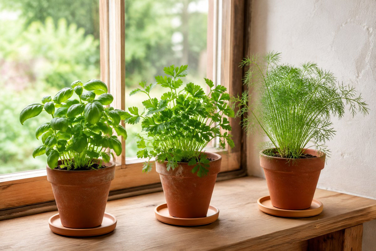 Basil, flat-leaf parsley, and dill growing in terracotta pots on a sunny windowsill