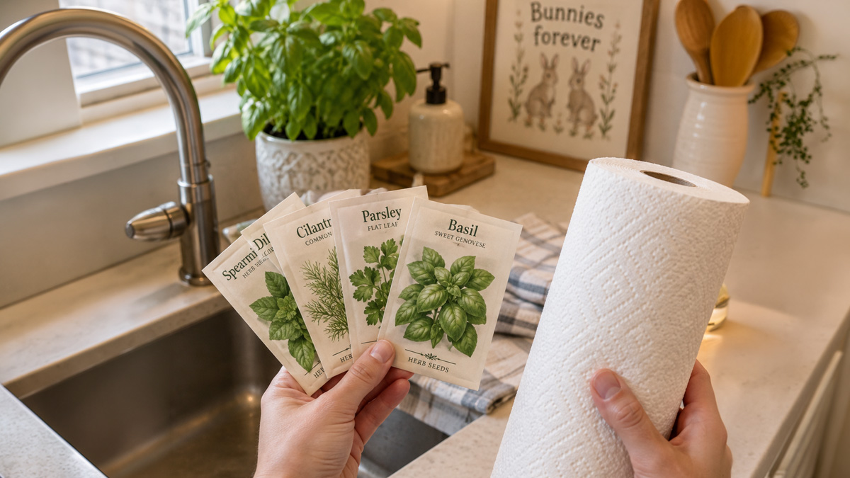 Hands holding herb seed packets and a roll of paper towels beside a kitchen sink