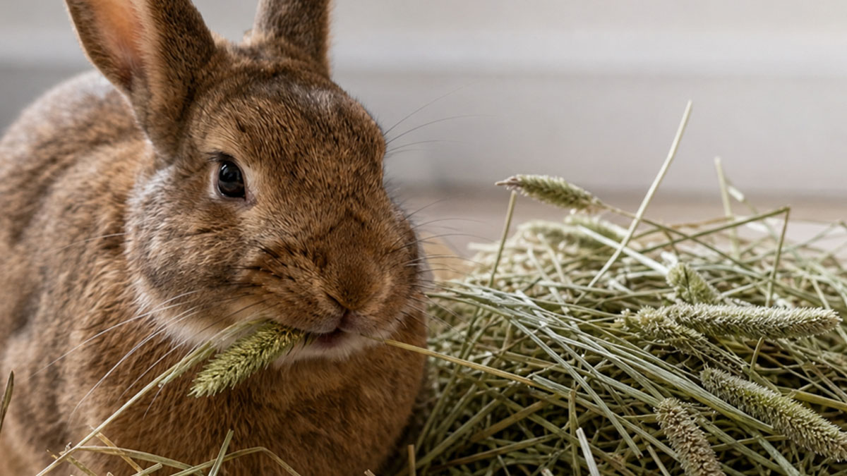A brown rabbit mid-chew on a strand of timothy hay, with a fresh pile of stems and seed heads beside them