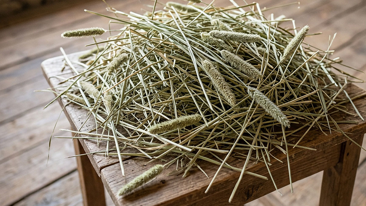A loose pile of timothy hay on a weathered wooden stool, showing long pale stems, green leaf, and fuzzy seed heads