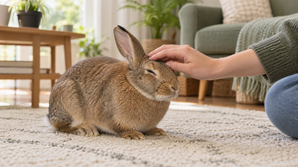 A relaxed brown rabbit receiving a gentle forehead stroke from a hand at floor level