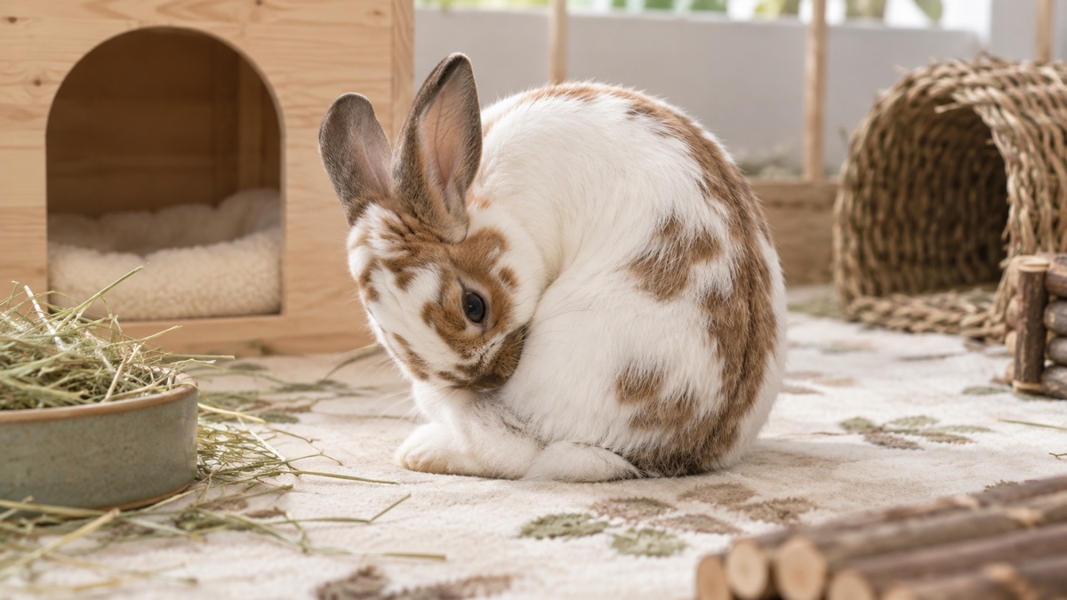 A white-and-brown rabbit curled naturally during cecotrophy
