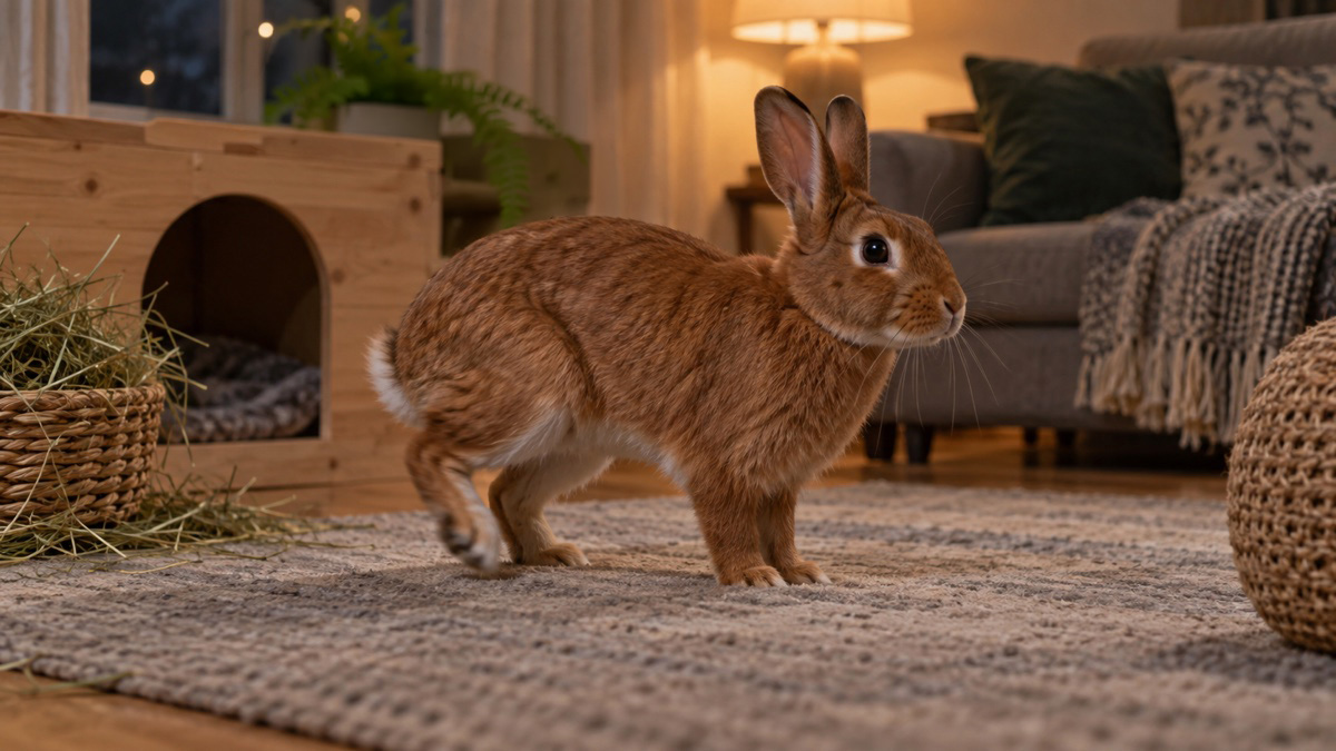 A reddish-brown rabbit poised to thump a hind foot on a rug