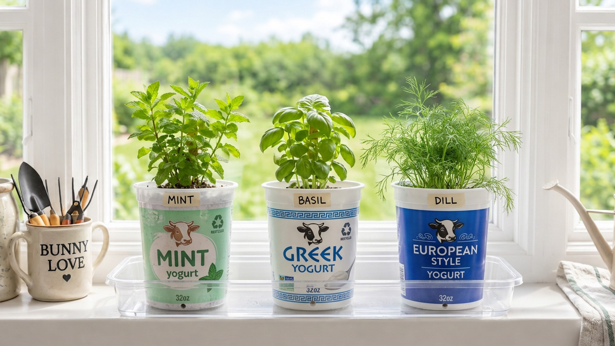 Mint, basil, and dill growing in reused yogurt tubs on a windowsill tray
