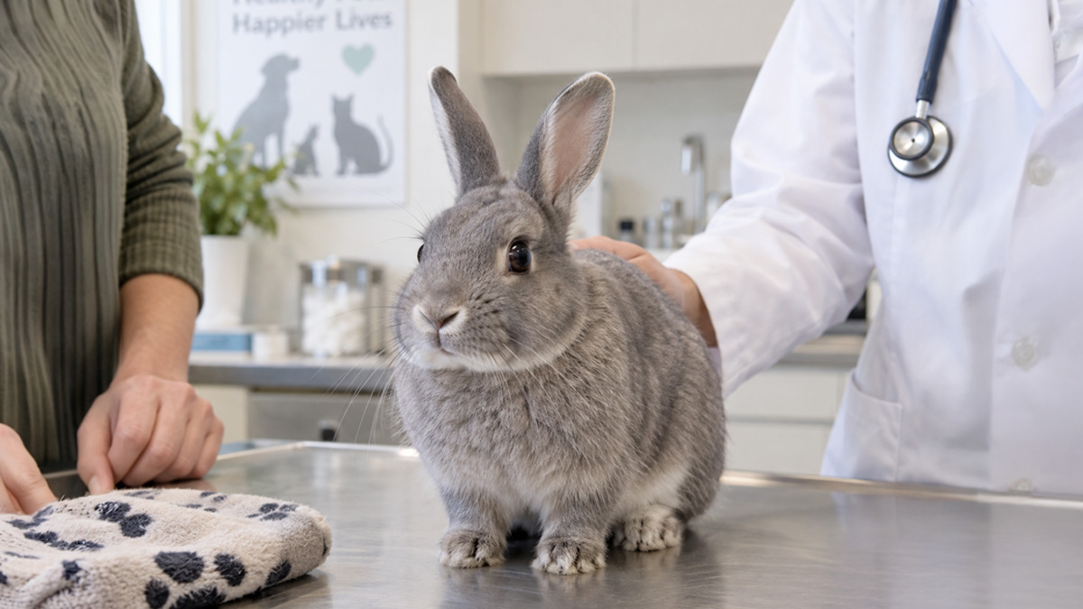 A gray rabbit on an exam table at a veterinary clinic, with a vet in a white coat gently resting a hand on its back