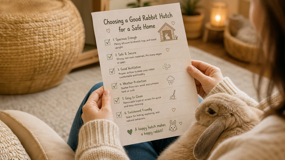 A hand-drawn rabbit hutch checklist held beside a resting lop-eared rabbit