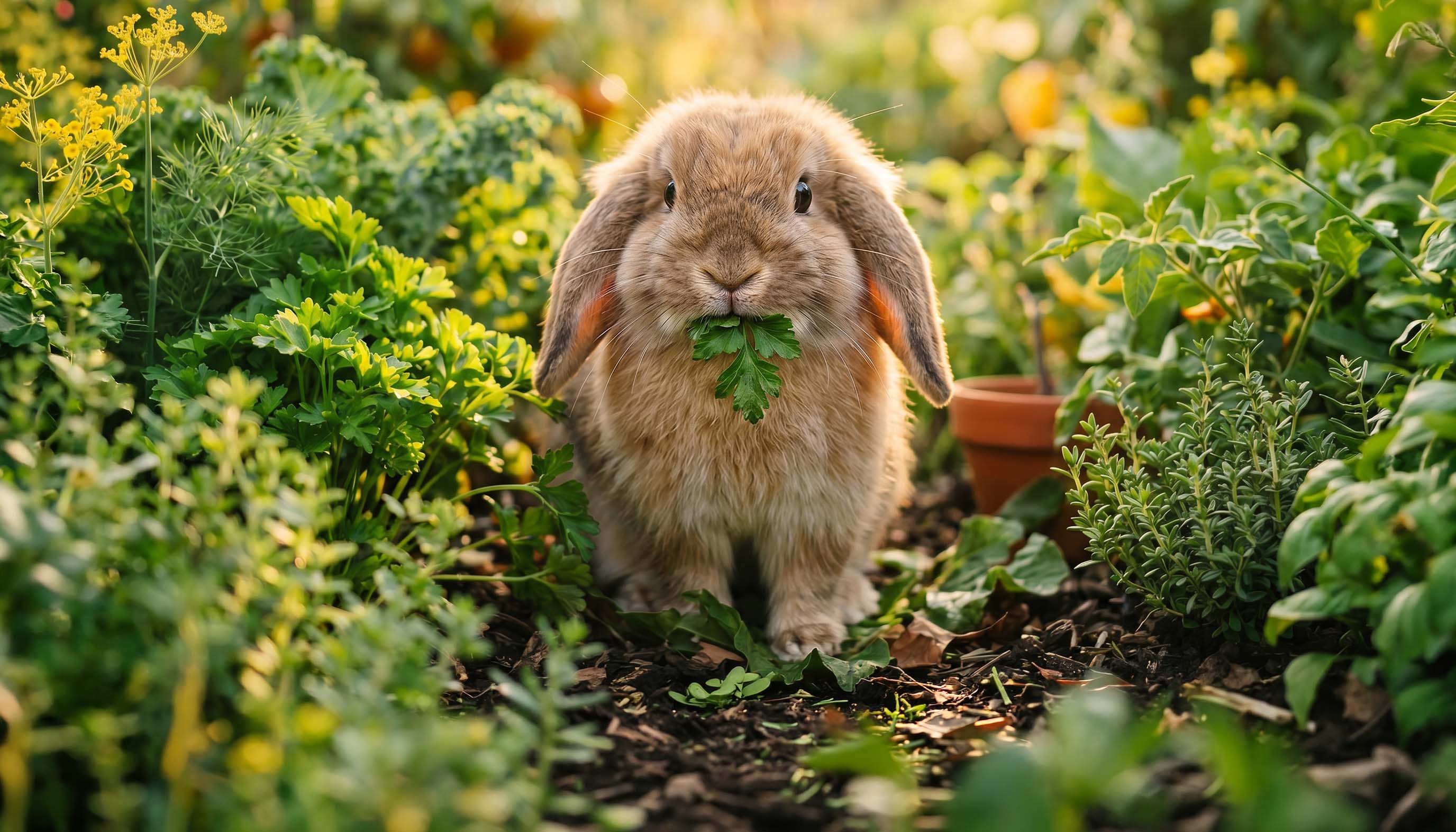 A fluffy brown, lop-eared rabbit chewing on a fresh green parsley leaf in a sunny herb and vegetable garden
