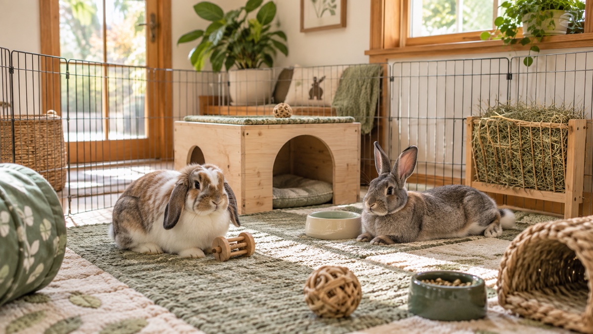 Two rabbits relaxing in a roomy indoor pen with a hide house, hay feeder, and soft natural light