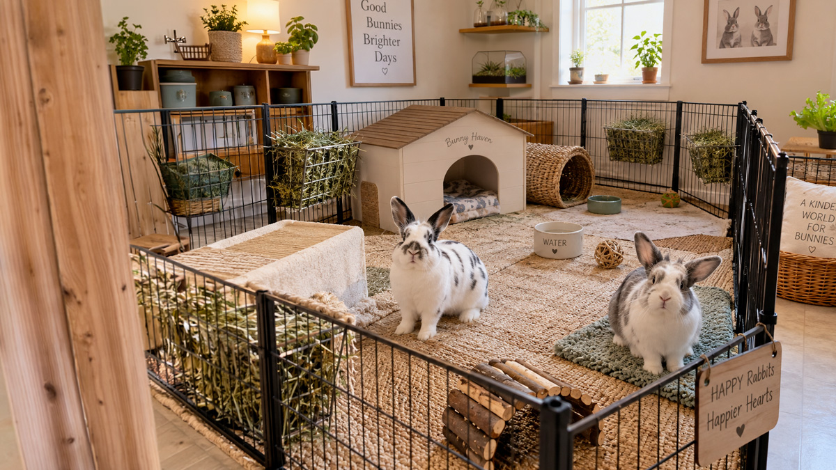 Two rabbits in a roomy indoor exercise pen with rugs, a hide house, and hay racks