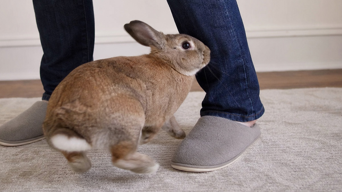 A brown rabbit racing a tight loop around a person’s ankles and gray slippers on a soft rug