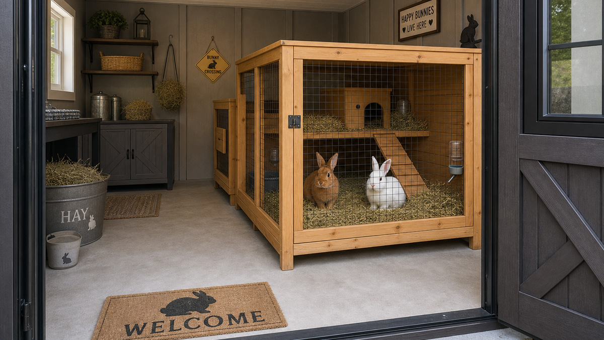Rabbit hutch sheltered inside a protected outdoor shed