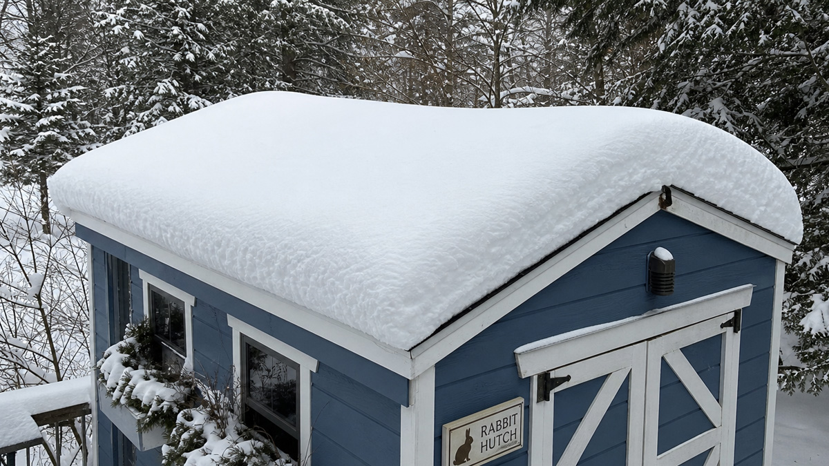 Blue shed rabbit hutch surrounded by snow in winter
