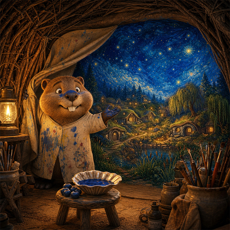 Aspen’s secret mural revealed, a large painted canvas fitted against the curved wall of his lodge, showing all of Bramblewood Hollow under a midnight-blue starry sky.