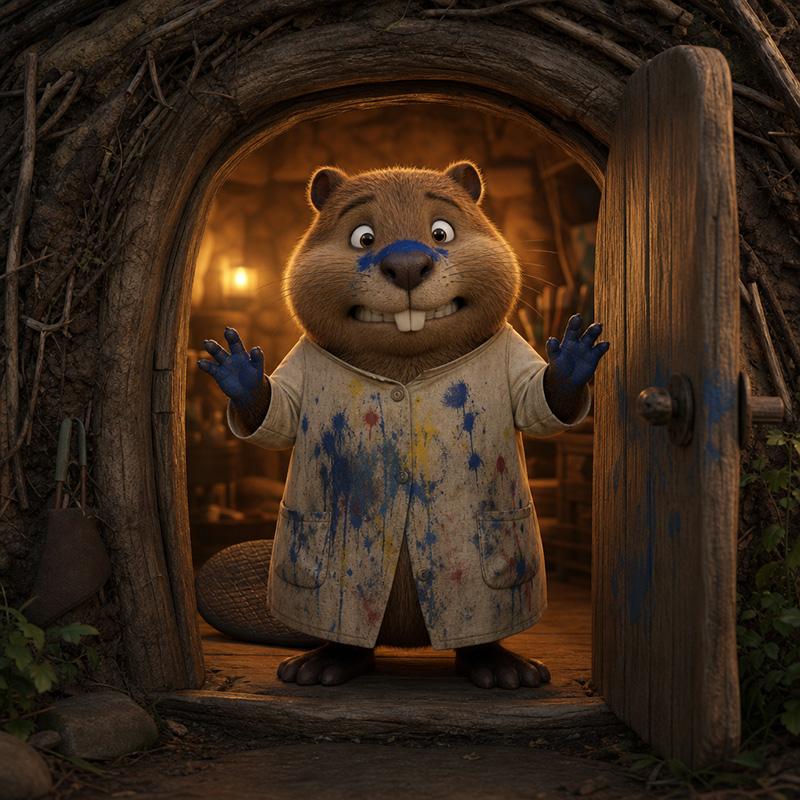 Aspen Twig-Nipper the beaver peeking out of his lodge door, startled, with a smudge of midnight blue on his nose.