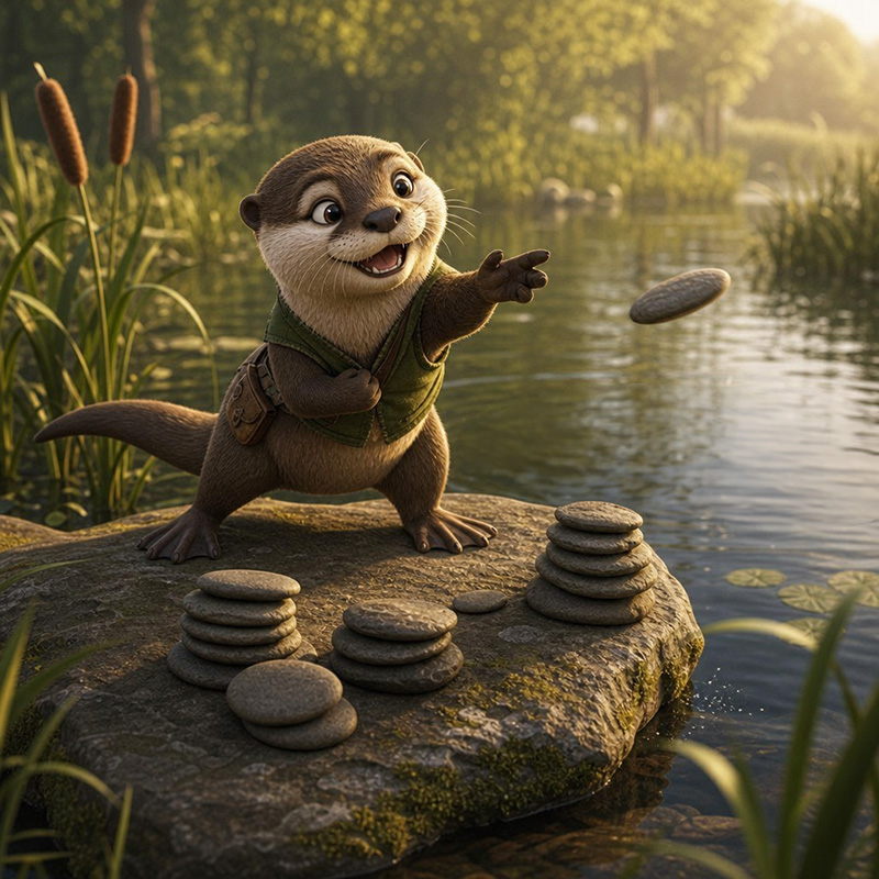Barnaby Stream-Racer the otter perched on a flat rock, practicing his stone-skipping technique.