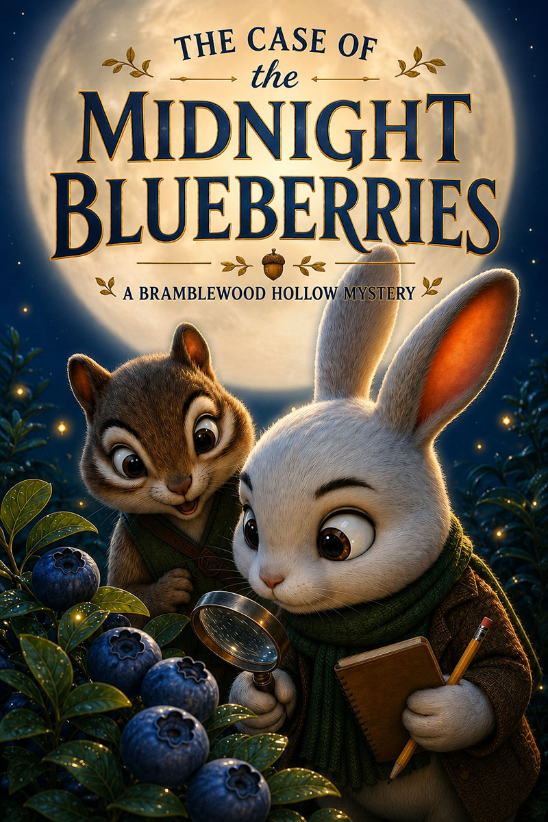 Illustration of the rabbit detective character Rupert Hopscotch and his sidekick Thistle Theodore Nutwhistle the chipmunk examining clues in a blueberry bush at midnight under a full moon.