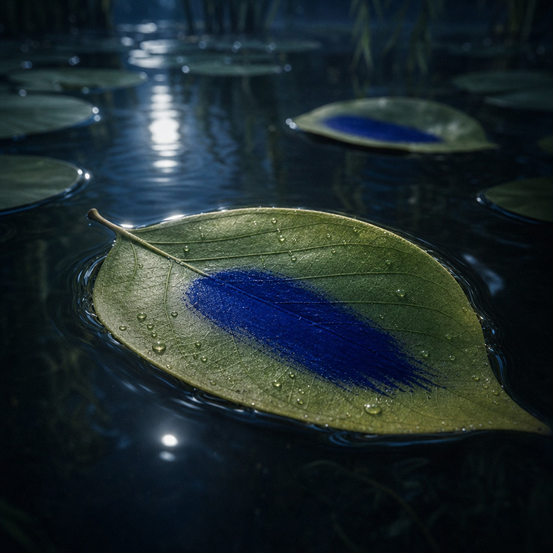 A green leaf floating on the pond, smeared with a vivid streak of deep blue paint.
