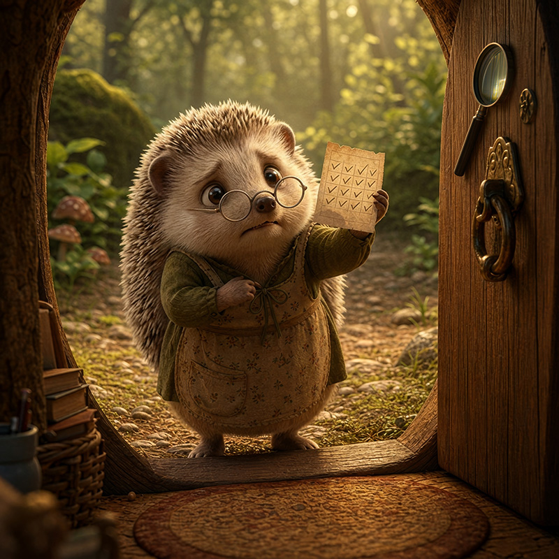 Mrs. Pemberlyn Quill the hedgehog standing on Rupert’s doorstep with her spectacles crooked and quills bristling.