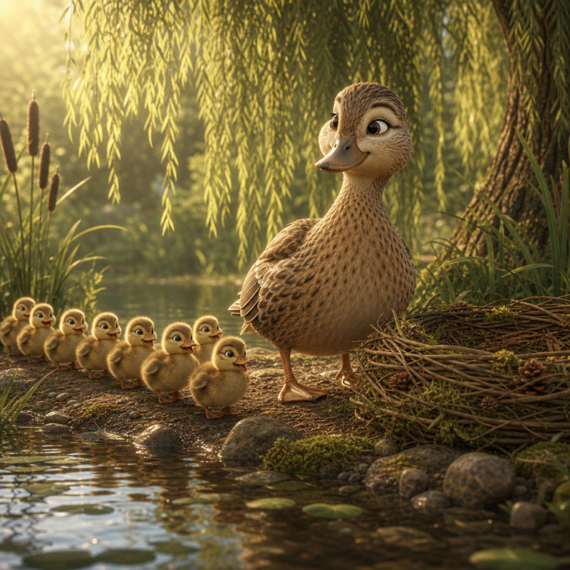 Penelope Puddle-Walker the duck paddling with her ducklings trailing behind her in a wobbly line.