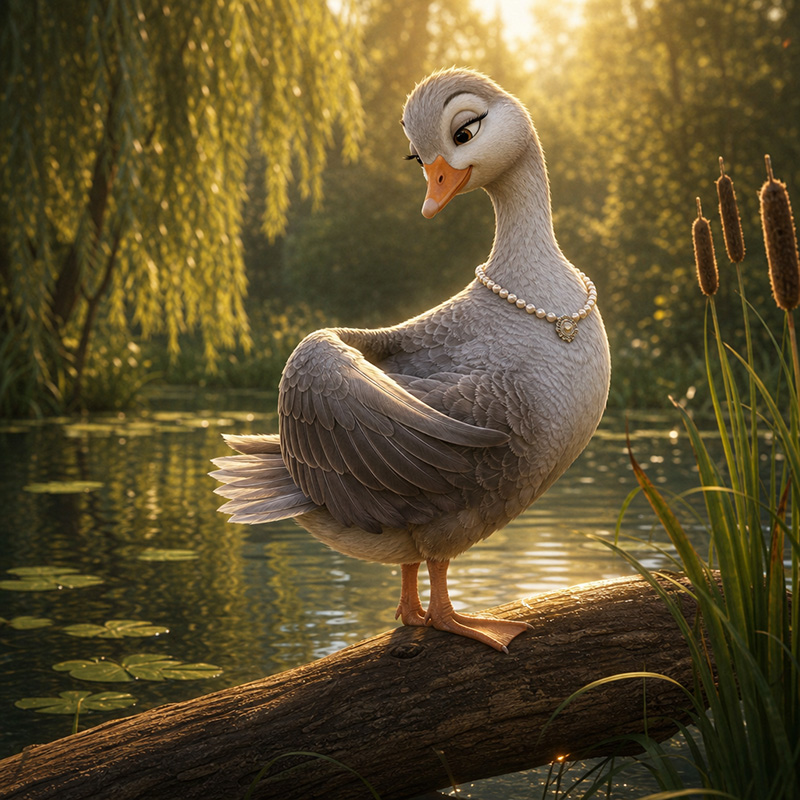 Preena Waddleton the goose smoothing her feathers on a sunny log in the pond.