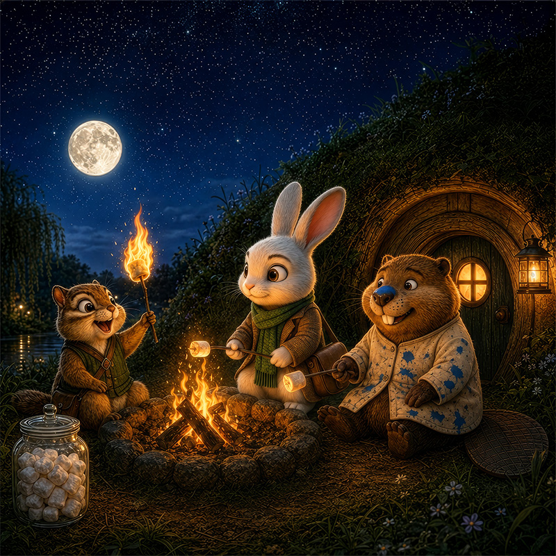 Rupert, Thistle, and Aspen sitting around a small bonfire toasting marshmallows late at night.