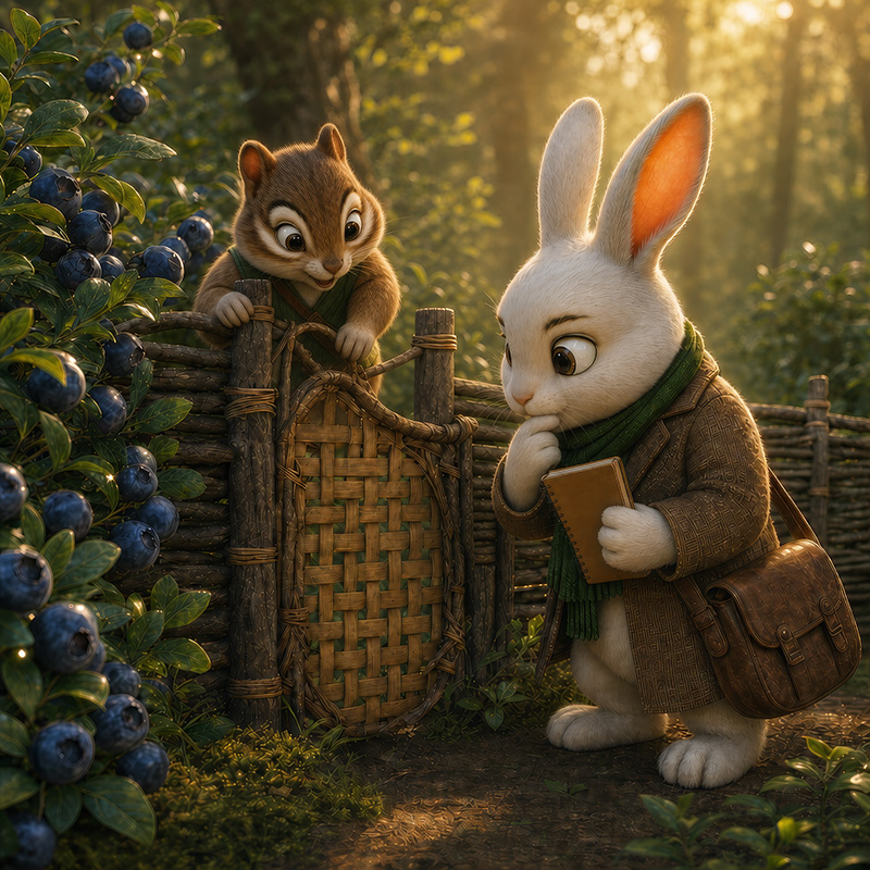 Rupert Hopscotch and Thistle inspecting the neatly repaired reed gate at Mrs. Quill’s garden.