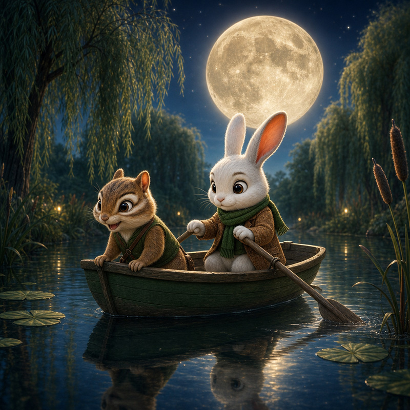 Rupert and Thistle rowing the Water-Cricket across the moonlit pond.