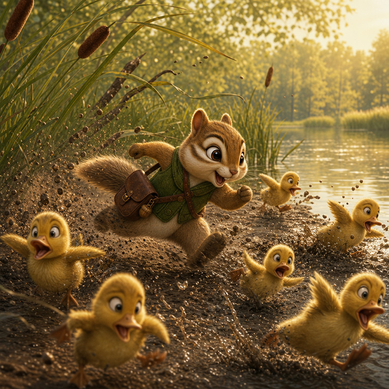 Thistle the chipmunk rocketing along the shoreline as Penelope’s ducklings scatter in every direction.
