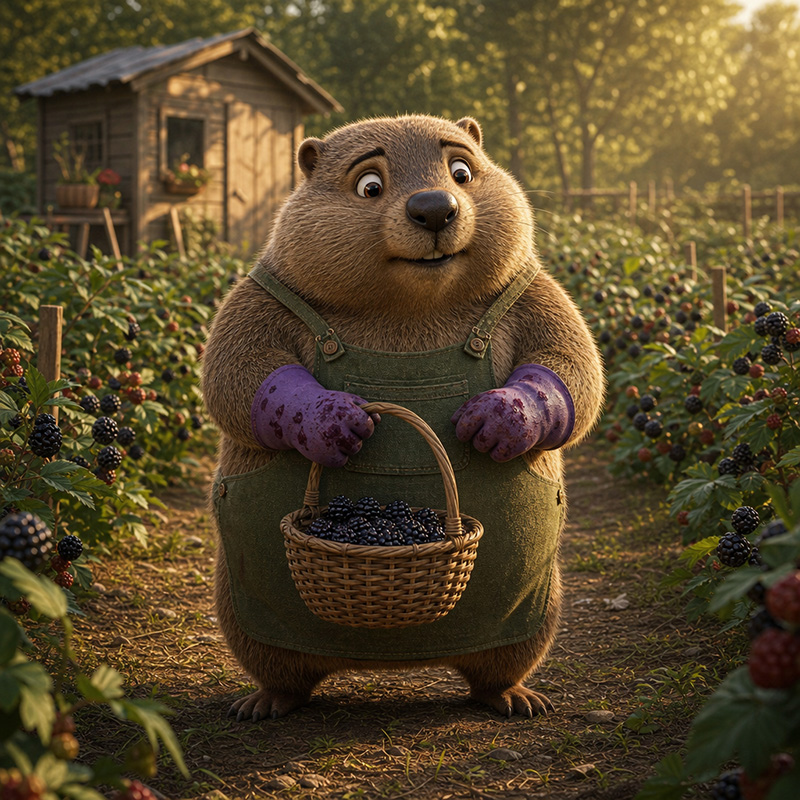 Waldo Diggins the woodchuck kneeling in his blackberry patch, wearing bright purple gardening gloves stained with berry juice.