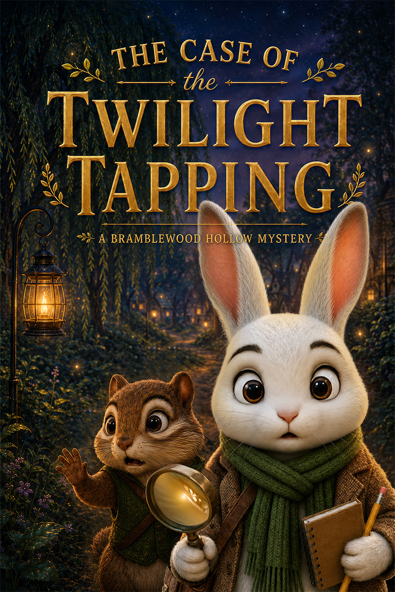 Cover illustration for The Case of the Twilight Tapping: Rupert Hopscotch holds a magnifying glass and notebook beside Thistle the chipmunk, both wide-eyed on a lantern-lit path in Bramblewood Hollow at dusk.